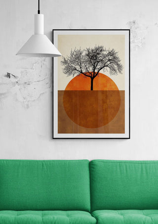 Poster of "Sommermorgen" by Boris Draschoff featuring a tree silhouette over an orange sun above a green sofa.