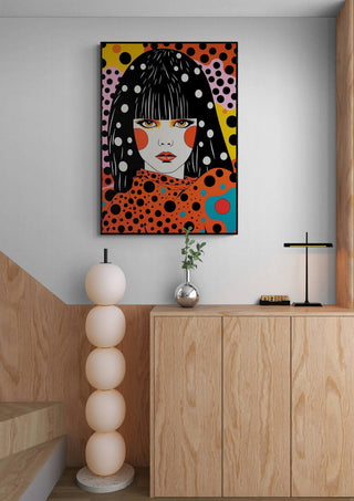A colorful Kusama Yayoi-Vincent V. portrait with polka dots hangs above a modern wood cabinet and lamp.