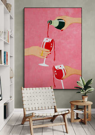 Colorful wall art of hands pouring wine and toasting, featuring "Cheers to my Girl Gang" by Raissa Oltmanns.