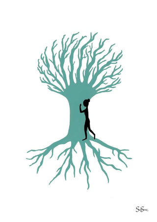 Minimalist art print of a person walking inside a tree with visible roots, by Sara Sonne, on a white background.