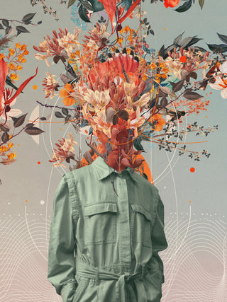 Surreal portrait of a person in a green shirt with their head replaced by an explosion of colorful flowers.