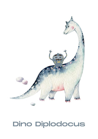Cute illustration of a Diplodocus dinosaur with a smiling child riding on its back, perfect for kids' rooms.