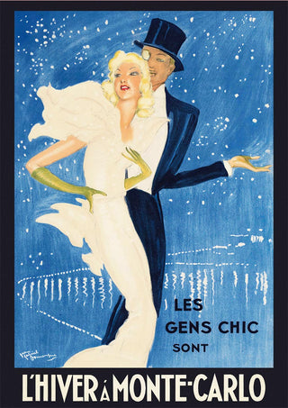 Elegant couple dancing in formal attire with snowy Monte Carlo backdrop, vintage L’Hiver à Monte-Carlo poster.