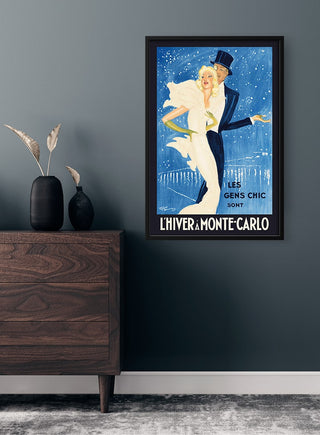 Art Deco poster "L’Hiver à Monte-Carlo" featuring an elegant couple ice skating.