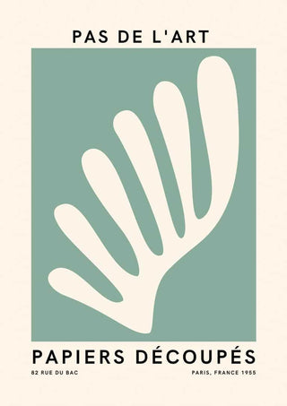 Minimalist green poster with abstract white cut-out shape, inspired by French art; "Pas De L'art" text at top.