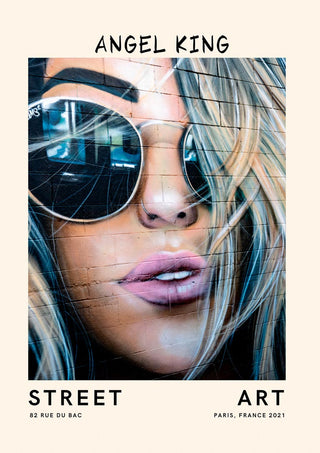 Street art mural of a woman's face with sunglasses, featured on the Angel King Plakat product page.