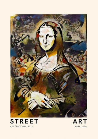 Street Art poster of Mona Lisa with abstract, colorful graffiti-style background.