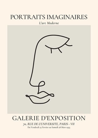 Minimalist line drawing of an eye and face with "Portraits Imaginaires" on a vintage-style exhibition poster.