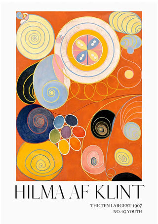 Abstract artwork with colorful spirals and shapes on orange background; Hilma af Klint – Youth No. 3 Plakat.