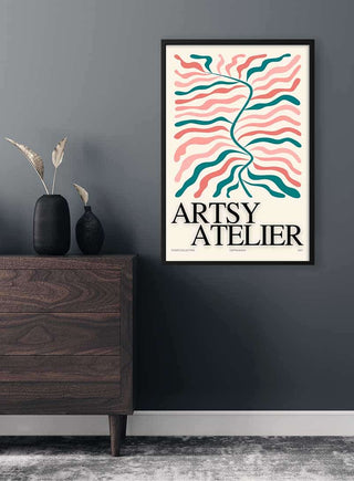 Framed "Artsy Atelier" Flower poster with abstract lines, displayed on a dark wall above a wooden cabinet.