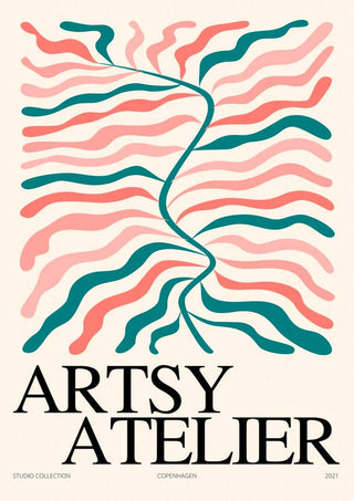 Abstract floral poster with wavy pink and green lines, titled "Artsy Atelier" in bold black letters.