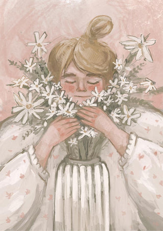 Illustration of a girl in pink holding and smelling a bouquet of white flowers, featured on Flowergirl in Pink Plakat.