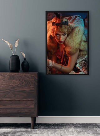 REFLECTION. Winter - Ravena July Plakat art print displayed on a dark wall above a modern wooden dresser.