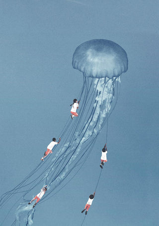 Surreal art of children in red shorts holding onto the tentacles of a giant jellyfish against a blue background.