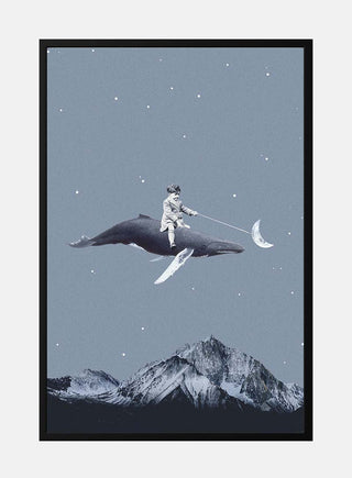 Surreal art of an astronaut riding a whale above mountains, holding a crescent moon, from Aim for the moon by Maarten Léon.