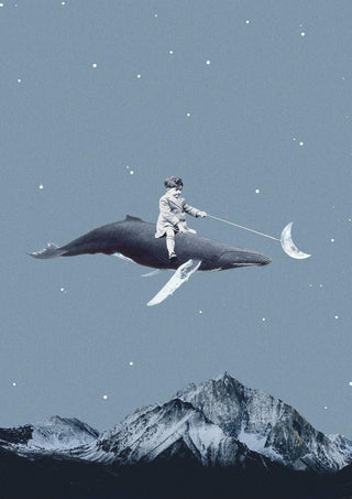 Surreal art of a child riding a whale, holding a crescent moon above snowy mountains under a starry sky.