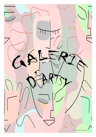 Abstract pastel artwork with outlined faces, "Galerie D'Artsy" text, by Vincent von Hauzer for Eyes Wide Shut.
