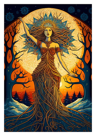 Artistic illustration of a goddess in nature, with flowing hair and tree branches, by Thomas Nordentoft.