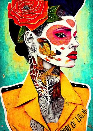 Artistic portrait of a woman in yellow with vivid face paint, floral headpiece, and detailed neck illustrations.