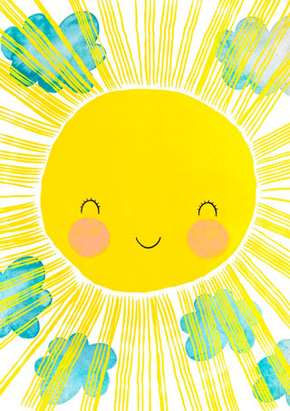 Illustration of a smiling sun with closed eyes and rosy cheeks, surrounded by blue clouds and yellow rays.