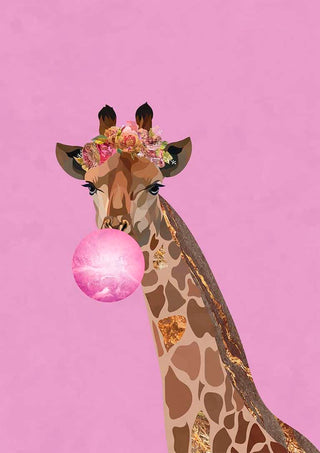 A giraffe with a flower crown blows a large pink bubblegum against a solid pink background.