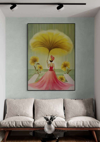 Yellow Fantastic by Martina Karlsson displayed above a modern sofa in a stylish living room setting.
