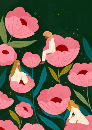 Illustration of women in white outfits sitting inside large pink flowers against a dark green background.
