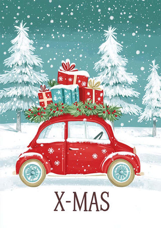Red car with Christmas gifts on the roof, snowy forest background, and "X-MAS" text below.