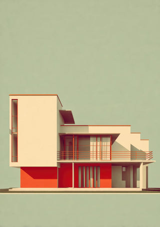 Minimalist modern house illustration with red and beige accents, cover art for The Beach by David Wolf.