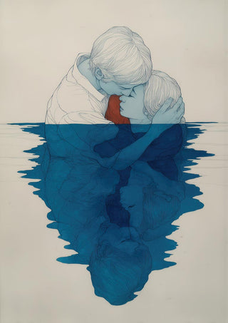 Illustration of two lovers embracing and kissing, partially submerged in blue water. Lovers - Martin Zen.