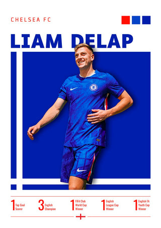 Poster of Liam Delap in a Chelsea kit with team stats and accolades, blue background, "Chelsea FC" at top.