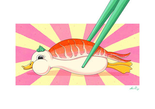 Illustration of Beaked Nigiri - Nanna Paavig, a duck-shaped sushi piece held by green chopsticks.