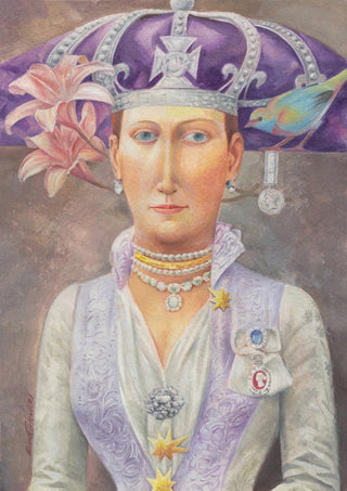 Painting of a regal figure in ornate lavender attire and hat, adorned with jewels and flowers.