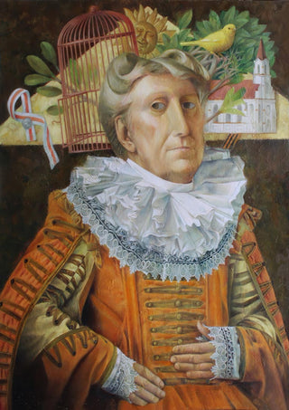 Portrait of a noble in ornate clothing with a birdcage and yellow bird overhead; cover for The Memory Keeper.