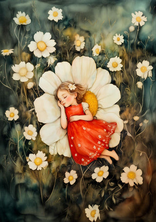 A young girl in a red dress sleeps on a large daisy surrounded by blooming flowers for Blossom Dreams.