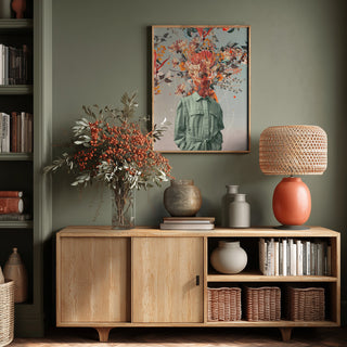 You Smell Like Home - Frank Moth art print displayed above a wooden sideboard in a cozy, modern living room.