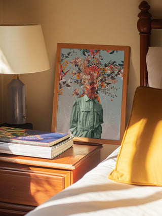 Framed "You Smell Like Home" art by Frank Moth on a bedside table next to books and a lamp.