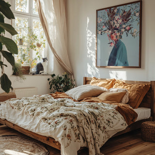 A bedroom with warm decor and “I Was Hidden but You Saw Me” by Frank Moth hanging above the bed.