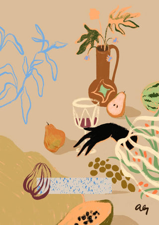 Colorful still life with pears, watermelon, plants, and abstract shapes; artwork by Arty Guava for Pass Me The Pear.