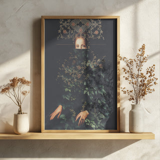 Framed "Patience II" by Frank Moth on a shelf with dried plants in vases, modern artistic floral portrait.