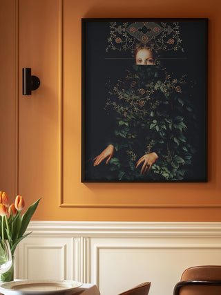 Framed "Patience II" by Frank Moth displayed on a peach wall above a dining table with tulips.