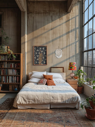 Cozy bedroom with large window, modern art, bookshelf, and plants; part of 1978 Annie Collection by Frank Moth.