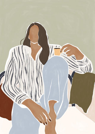 Minimalist illustration of a woman in striped shirt enjoying espresso, seated casually against an ivy green background.