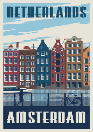 Colorful Amsterdam canal houses, a bike, and a pedestrian, with "Netherlands Amsterdam" text on a travel print.