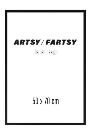Black wooden frame measuring 50x70 cm, displaying minimalist text design inside.