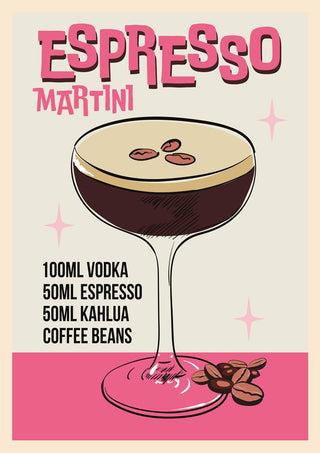 Illustrated Espresso Martini wallchart showing the cocktail, ingredients list, and coffee beans on a pink background.