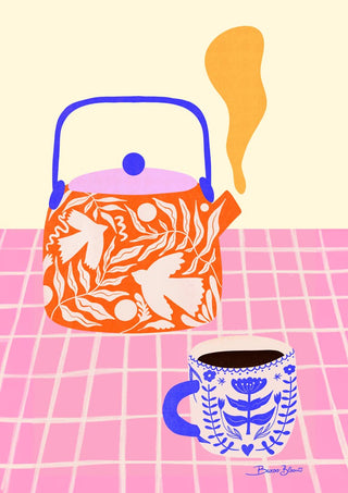 Illustration of a floral-patterned teapot and mug on a pink checkered table for Tea Party Geometry - Baroo Bloom.