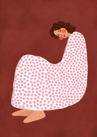 Illustration of a woman wrapped in a white, pink-dotted blanket on a brown background for Sadness - Bea Muller.