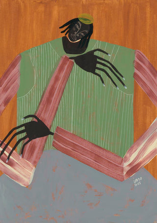 Abstract painting of a person with dark hands, green shirt, and striped accents; artwork by Studio IMO.