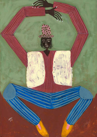 Colorful abstract painting of a figure with striped pants, white vest, hat, and raised arms; part of Open Up - Studio IMO.